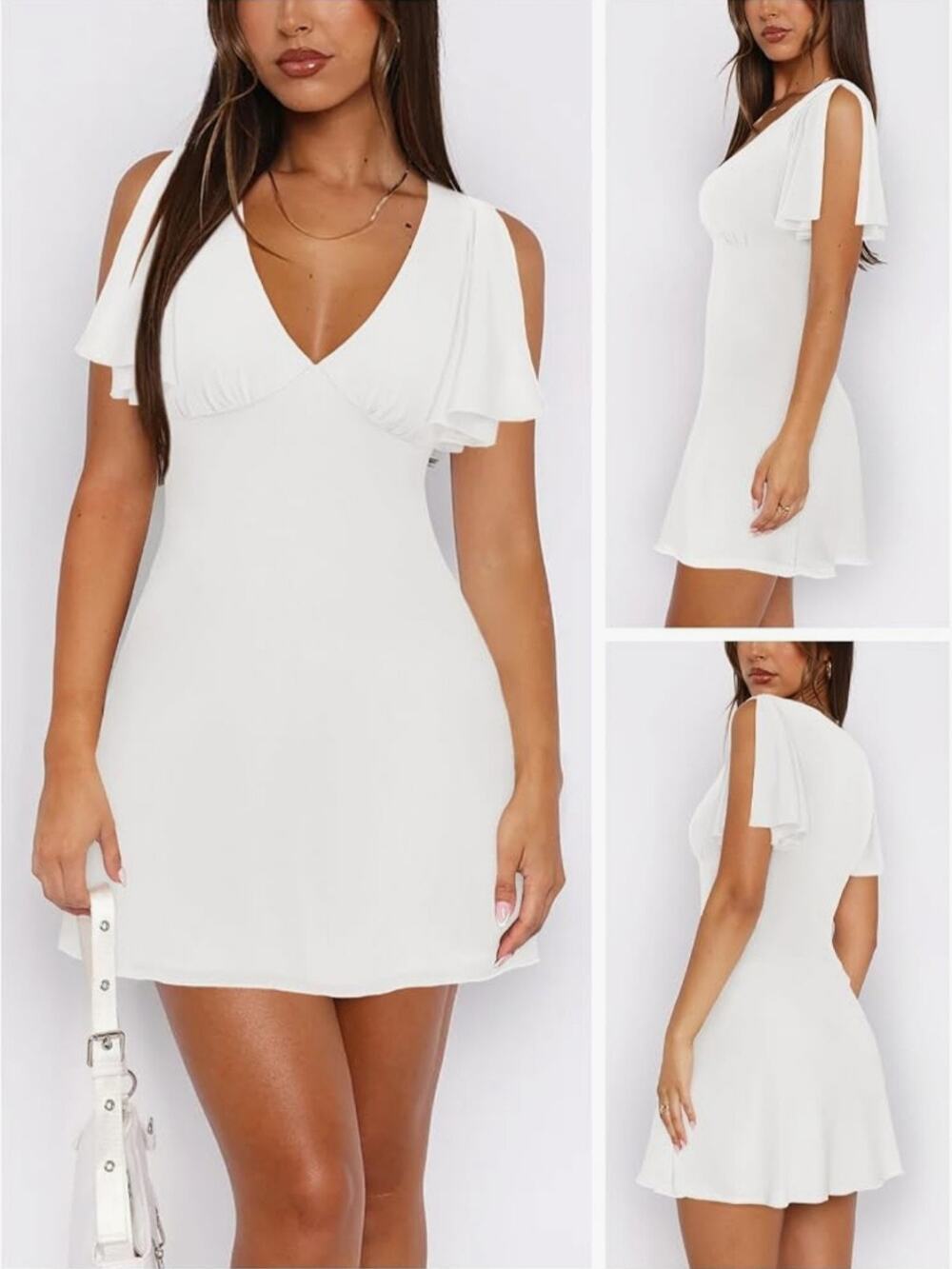 #255 MSRP $39 NWT MIYIEONZ WHITE RUFFLE SLEEVE V-NECK MINI DRESS ♡SIZE SMALL♡